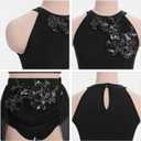 Women Lyrical Dance Costume Halter Floral Sequins Crop Top High-Low Skirt with Briefs Adult Contemporary Dance Dress (Black, L)