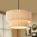 Sionfungluxx 17.72in Double Drum Fabric Pendant Light, Modern Beige Large Hanging Ceiling Chandelier Fixture with Linen Shade, Ideal for Dining Room, Living Room, Bedroom, and Kitchen