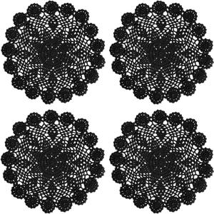 Phantomon 12 Inch Round Doilies Crochet Handmade Lace Placemats 100% Cotton Knitted Coasters, Pack of 4 (Black)