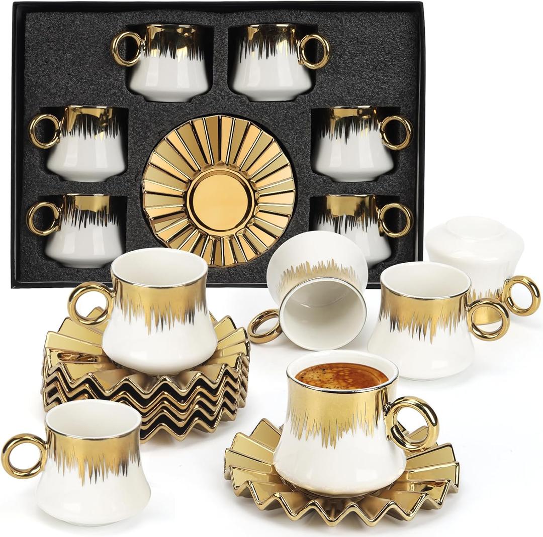 Hebaogugu Coffee Cup Set of 6 with Saucers, 3.5 OZ Ceramic Espresso Cups, Deco Gold Trim Coffee Cup Gift for Cappuccino, Latte, Cafe Mocha and Tea, Dishwasher & Microwave Safe (White and Gold)