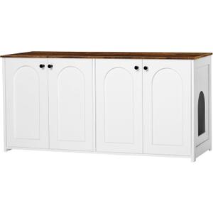 Dwanton Litter Box Enclosure for 2 Cats, Wooden Cat House with Hidden Litter Box, Dual Rooms, TV Stand, White+Rustic Brown