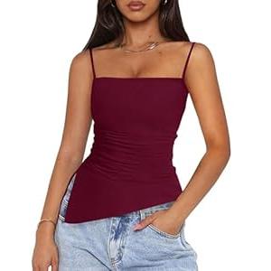 PRETTYGARDEN Women's Summer Spaghetti Strap Tank Tops Sleeveless Camisole Blouses Asymmetrical Going Out Basic Tank Shirt (Wine Red, Blue)