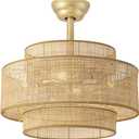 Boho Fandelier Ceiling Fan with Light Rattan Chandelier Fan Remote Gold Caged Ceiling Fan with Light for Bedroom, Living Room Nursery Foyer Kitchen6 Speed, Timing Adjustable Height, Medium