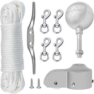 NQ Flagpole Hardware Repair Parts Kit,50 Feet Halyard Rope+3" Silver Ball+6" Zinc Alloy Cleat+4 Metal Swivel Snap Clips+Aluminum Alloy Flagpole Truck with Nylon Pulley for 1.6"-2" Flag Poles