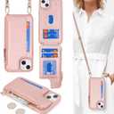 Cavor for iPhone 15 Plus Wallet Case with Card Holder for Women, for iPhone 15 Plus Case with Strap,Crossbody Lanyard and Wristlet Zipper Pocket Phone Cover-Rose Gold