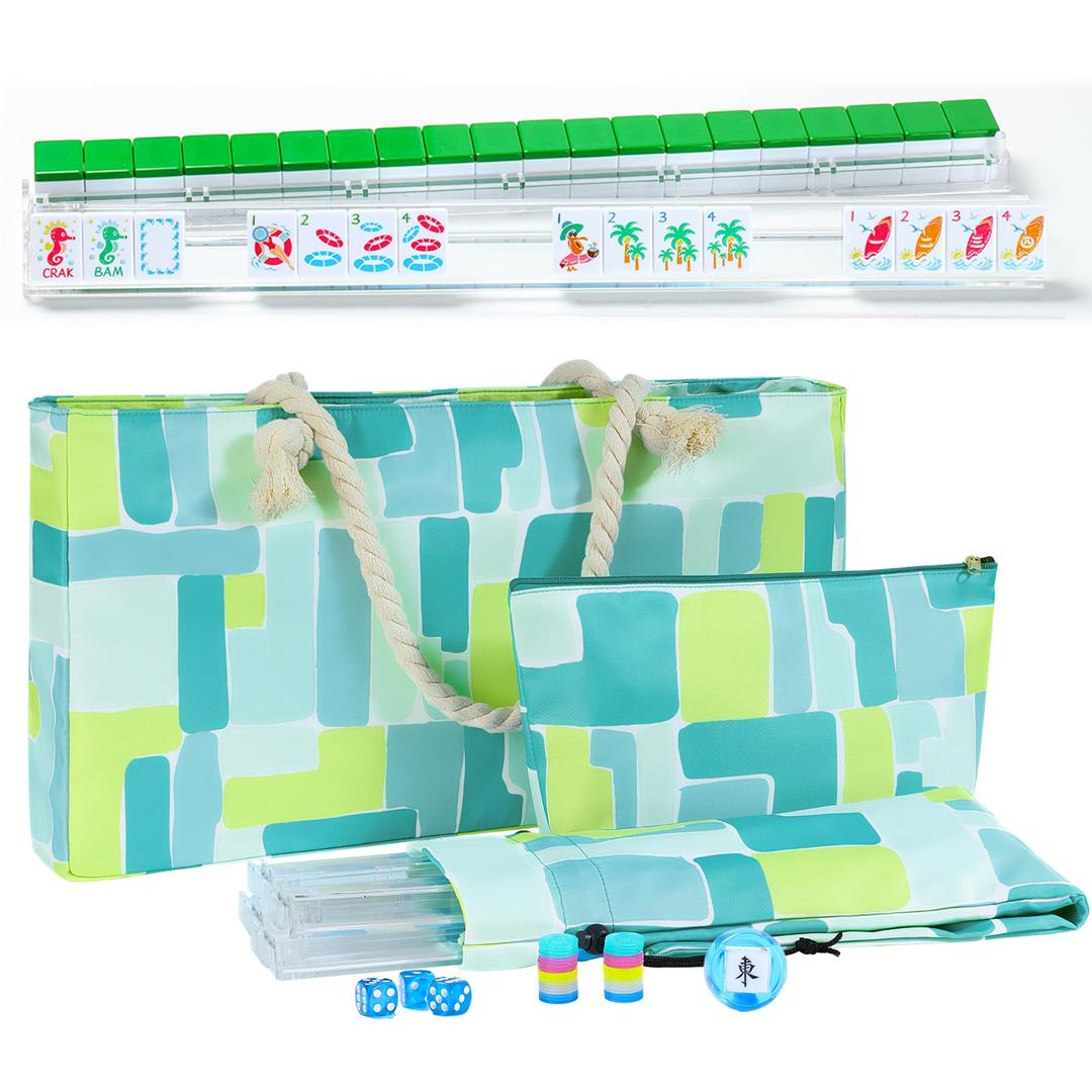 Majolicia American Mahjong Set: 160 Green Tiles, 4 Clear Racks with Pushers, Mahjong Bag and Accessories, Mahjong Tile Set for Beginners (Mah-Jongg)