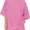 MSBESYOR Women 2 Piece Striped Lounge Set Short Sleeve Pajamas Shorts Sets Large, Pink 
