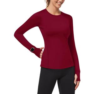 Loovoo Thermal Shirts for Women Long Sleeve Workout Tops Crewneck Fleece Base Layer Running Athletic Tee with Zipper Pocket (Large, 1-burgundy)