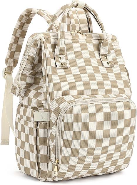 Laptop Backpack for Women, Corduroy College School Backpack Bookbag 15.6 inch Business Computer Travel Backpack (Checkered Brown)