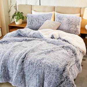 Luxury Faux Fur Shaggy Fluffy Comforter Set King Size Mixed Gray and White Long Hair, 3 Pieces Plush Flannel Sherpa Backing Reversible Soft Microfiber Bedding Set Super Warm for Chilly Winter, King-100"x86"