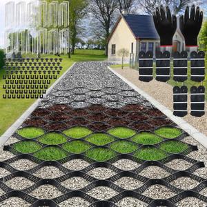 Gravel Grid 100ft X 4ft, 2'' Depth Gravel Stabilizer Grid for Pavers Base, Geogrid 1900 Lbs/Sq Ft Load with 120 Geocell Accessories & Gloves for Driveway Parking Ground Walkway Dirt Locker Slope