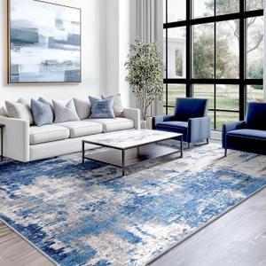 Washable Area Rugs 10'x12' Non-Slip Modern Abstract Soft for Living Room Entryway Bedroom Nursery, Print Pattern, Blue Grey Navy Gray