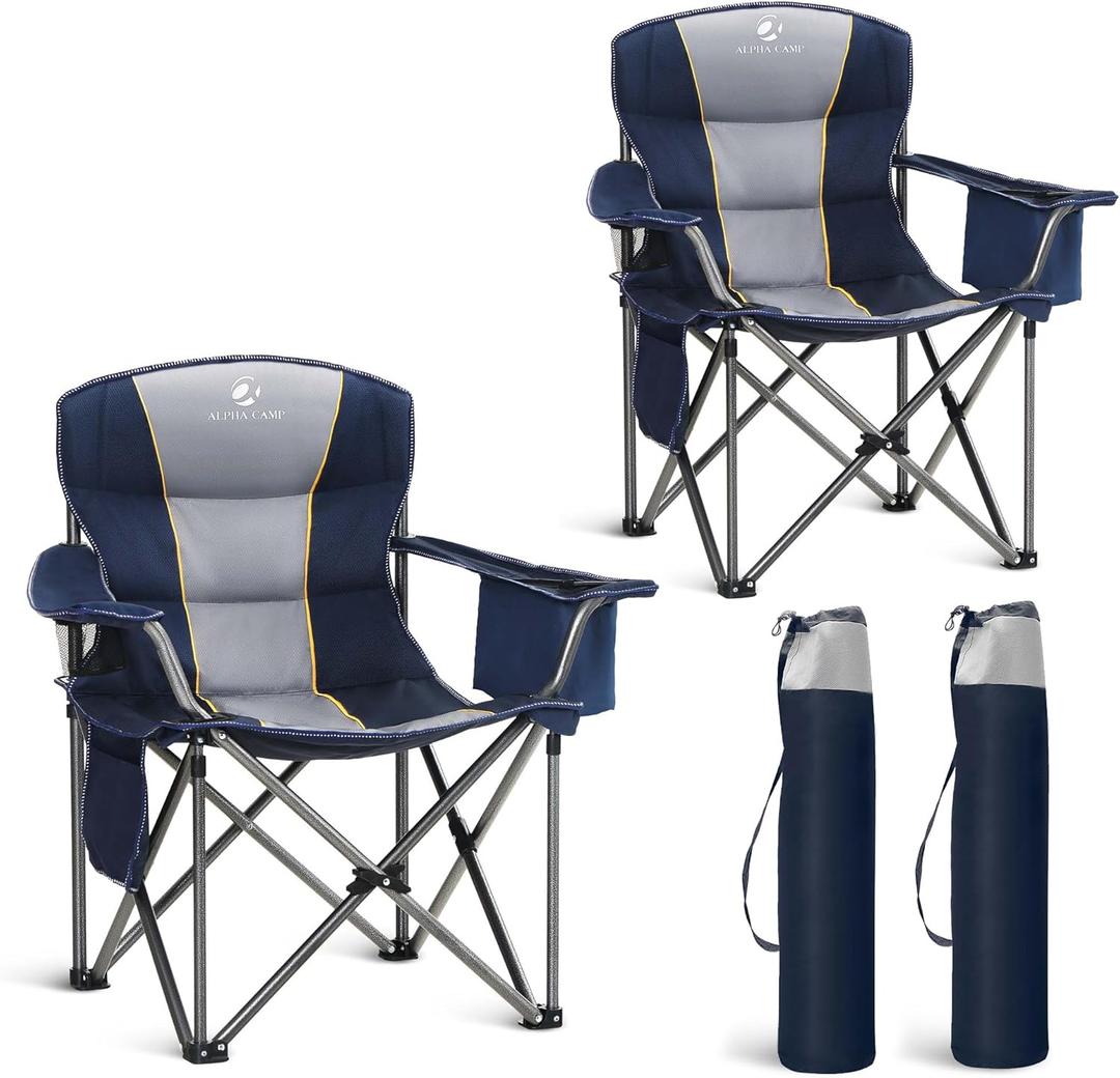 LET'S CAMP Folding Camping Chair Oversized Heavy Duty Padded Outdoor Chair with Cup Holder Storage and Cooler Bag, 450 LBS Weight Capacity, Thicken 600D Oxford, 2 Pack (Navy Blue)