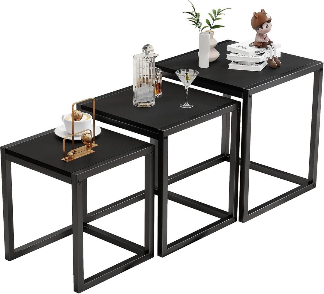 Nesting Table Set of 3 Side Tables, Modern Coffee Table Stacking End Table with Metal FrameBlack, 17.72 Inches X 17.72 Inches X 19.69 Inches