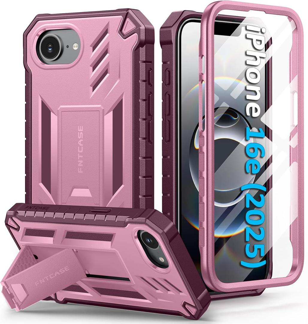 FNTCASE for iPhone 16e Phone Case: Military Grade [Built-in Screen Protector] [Kickstand] Matte Textured Drop Proof Protection Cover | Rugged Shockproof TPU Protective Sturdy Cases 2025 - Pink