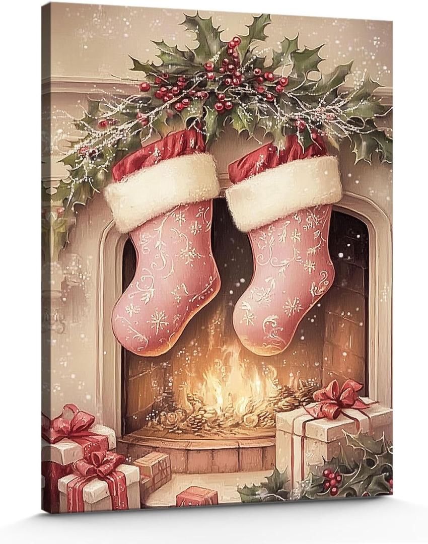 GSPQAZ Christmas Stockings Wall Art - Cozy Holiday Canvas Print for Vintage Christmas Decor 12x18inch-Unframed (7)