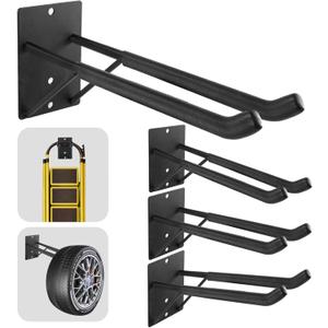 14" Large Heavy Duty Garage Hooks, 4-Pack Steel Garage Storage Hooks with Support Rods, Utility Wall Mount Hangers for Power Tools, Car Tires, Ladders, Chairs, Garden Tools and More