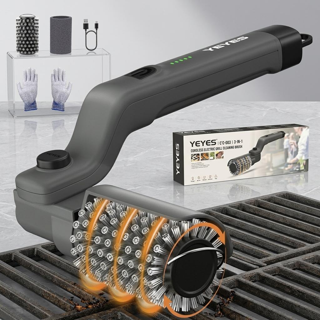 YEYES Electric Grill Brush for Outdoor Grill - 3-Speed Cordless Rechargeable Cleaner with 7-Angle Adjustable Head, Powerful Rotation BBQ Scrubber for Porcelain and Charcoal Grates (Charcoal Gray) x 2