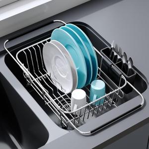 Apartment RV Small Dish Drainer Drying Rack Over The Sink In Stainless Steel for Narrow Kitchen, Counter Space Saving Compact Expandable Metal Plate Dryer Strainer, Modern Above Wire Drain Holder (Silver)