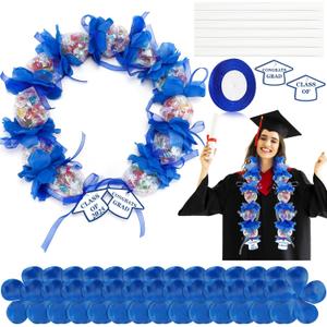 6 Set Graduation Candy Lei Making Kit, Class of 2025 Candy Lei Tubing Kit Mesh Bag Flower Chiffon Ribbon Graduation Cutouts for Party Gifts 2025 Party Supplies(Blue)