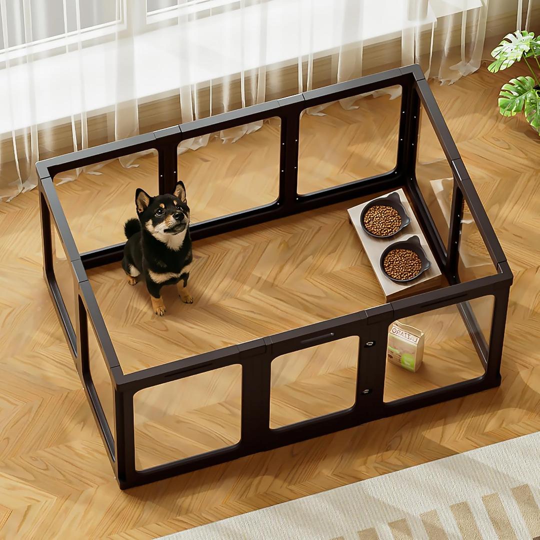 Jalove Acrylic Dog Playpen Indoor, 24 H Plastic Pet Playpen with Door, Clear Pet Play Pen for Puppy Cat Rabbit Ferret, Easy Assemble Dog Pen, Preferable for Small Cage, Black 10 PCS