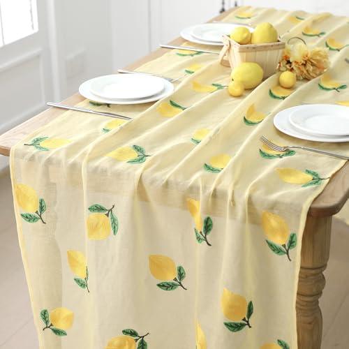 Tudomro Embroidery Lemon Tulle Table Runner 9.2 ft Lemon Summer Yellow Cheesecloth Table Runner 110 Inch Gauze Boho Farmhouse Dining Decor for Home Wedding Birthday Baby Shower Christmas Decor