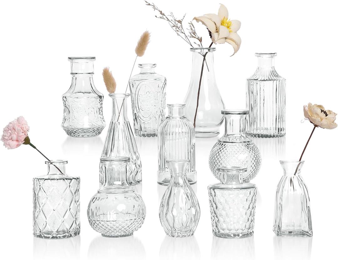 Glass Bud Vases Set of 12, Clear Small Vases for Flowers, Bulk Glass Vase for Centerpieces, Vintage Embossed Flower Vase for Wedding Table Decoration, Home, Cocktail Party