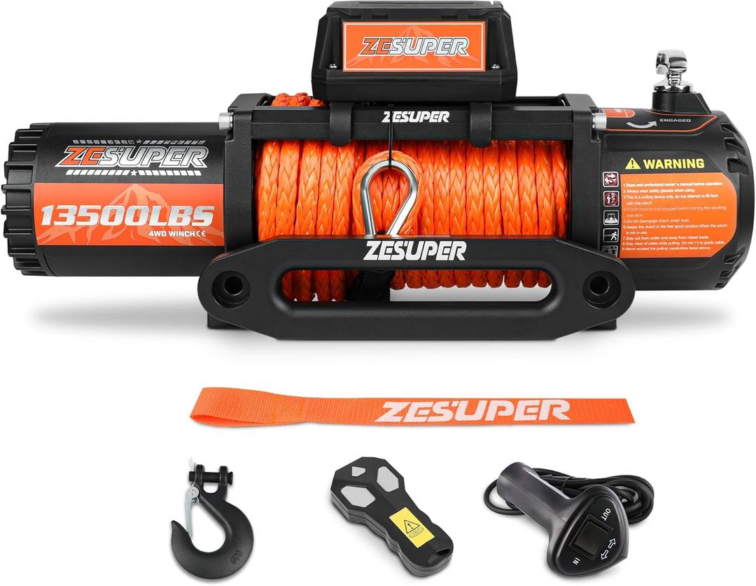 ZESUPER 13500 lb Electric Winch, Synthetic Rope 12V Winch Waterproof IP68 Winch Kit,Off Road Winch for Jeep,Truck,SUV, with Wireless Remote, Corded Control,Side-Mounted Bracket for Control Box