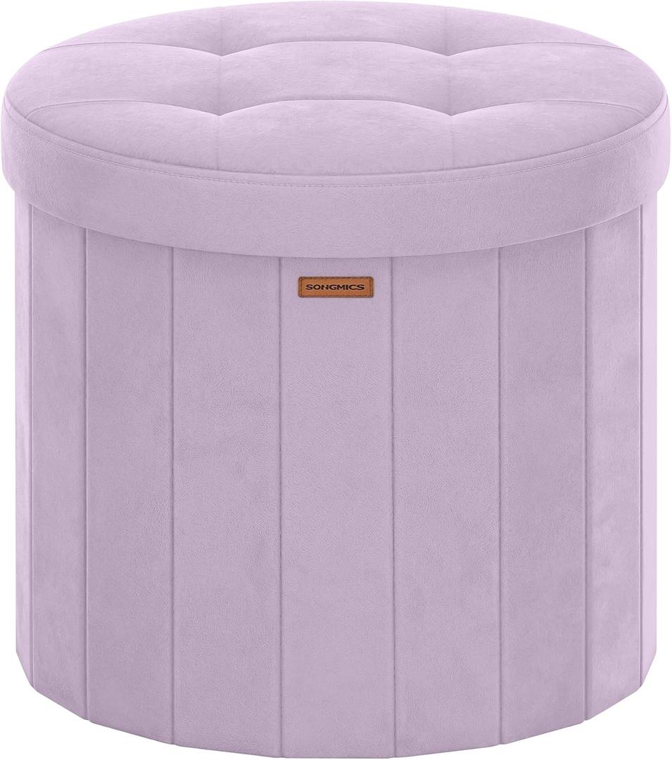 SONGMICS Storage Ottoman Round Velvet Vanity Stool, 18.5 x 18.5 x 17.7 Inch