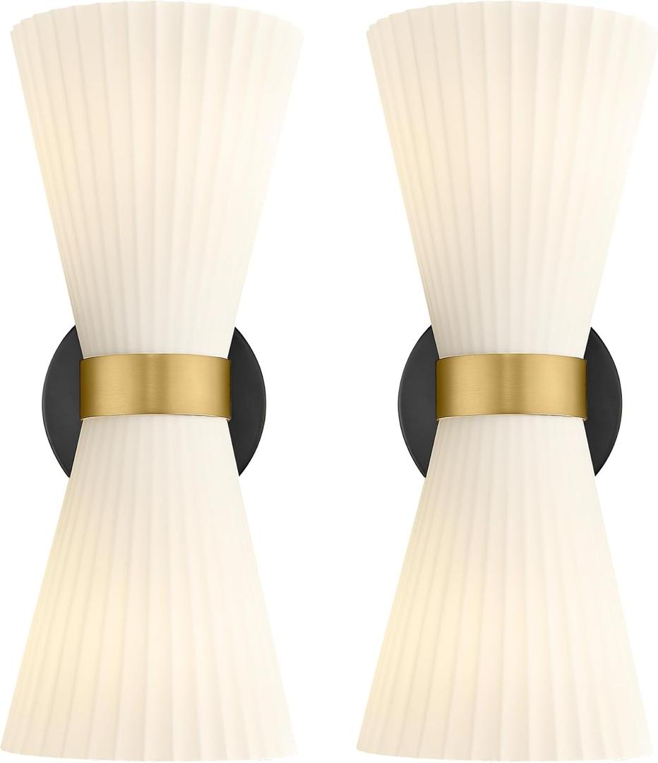 Wall Sconces Set of Two, HWH 14.3 Inch Black and Gold Bathroom Sconces with Frosted Milk White Striped Glass, Up Down Modern Wall Light fixtures for Living Room Bedroom, 5HZG97B-2W-2PK BK+BG