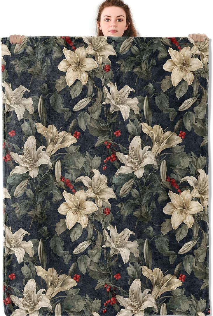 Vintage Lily Floral Blanket, Elegant Botanical Flannel Throw Blankets, 50"x60", Soft Warm Lightweight Fuzzy Cozy Throws for Couch Bed Sofa Decorative Gifts for Women Flower Lover, Black
