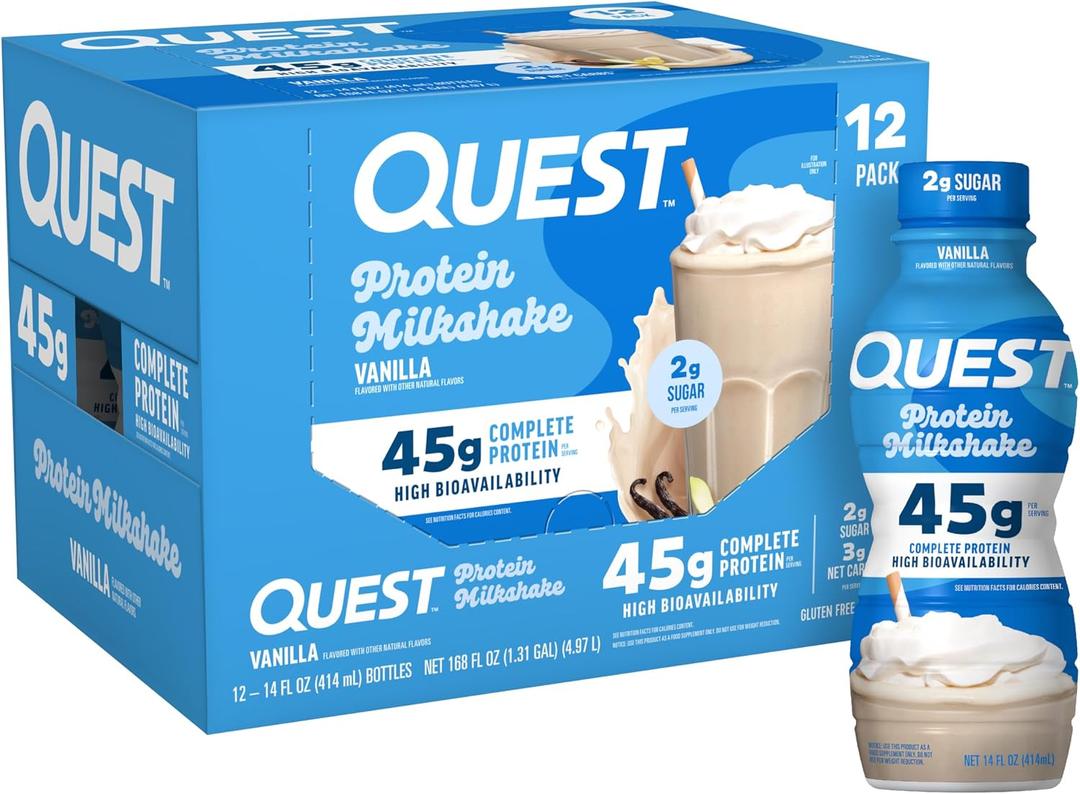 Quest Nutrition Vanilla Protein Shake, 45g Protein, 2g Sugar, 3g Net Carbs, Ready to Drink, Gluten Free, 12 Count (EXP 02/17/27)