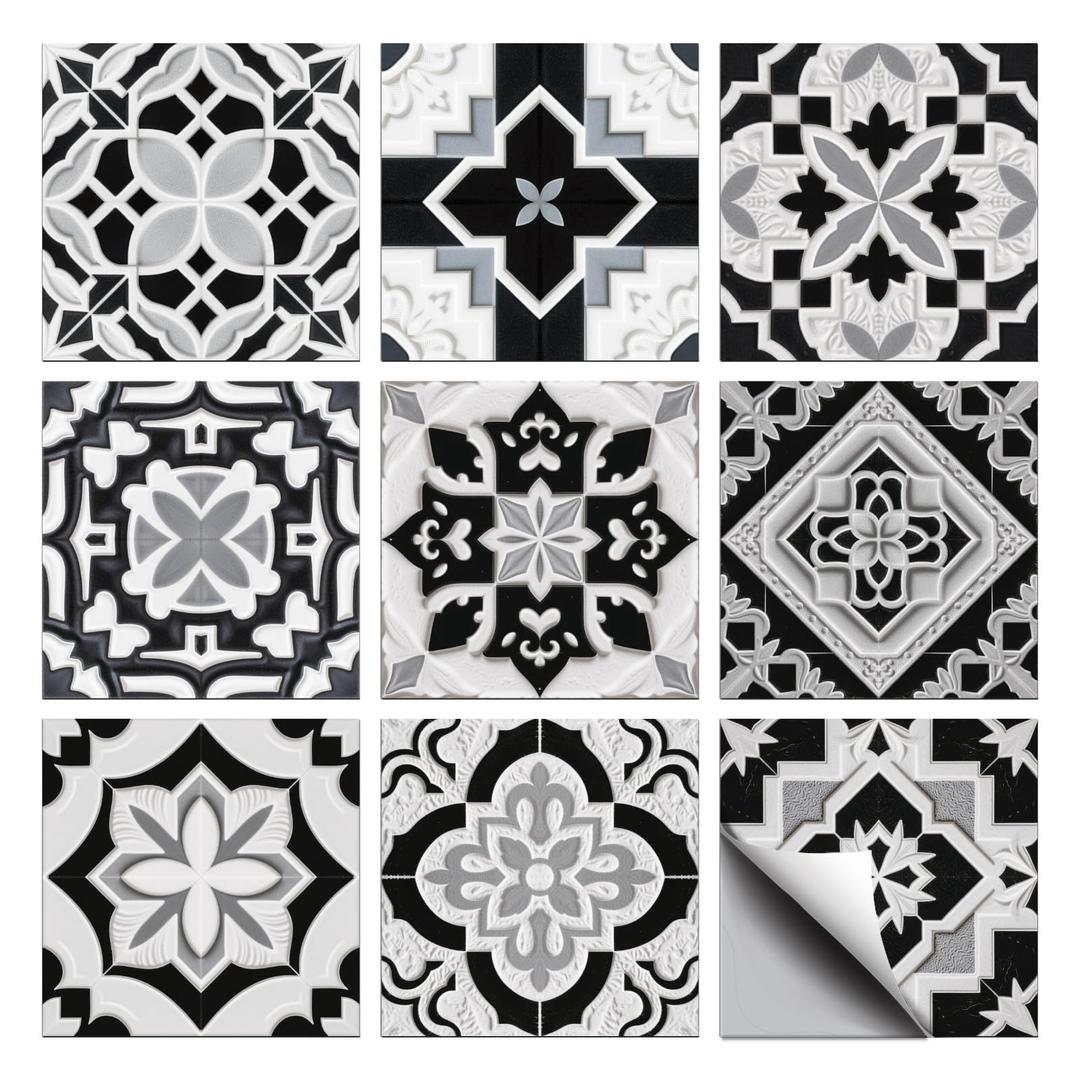 CHGCRAFT 36 Pcs 9 Style Wall Stickers Black and White Relief Peel and Stick Wall Tile Stickers Spanish Geometry Texture Waterproof Self Adhesive Stick on Tile Decals for Kitchen Art Decor, 4×4 Inch
