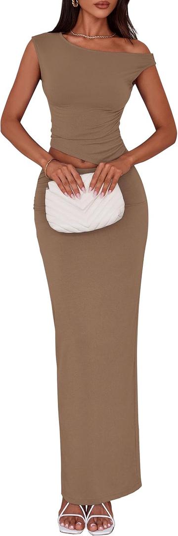 PRETTYGARDEN Skirt Sets Women 2 Piece Outfits Summer 2025 One Shoulder Sexy Ruched Bodycon Maxi Long Skirts (XL)