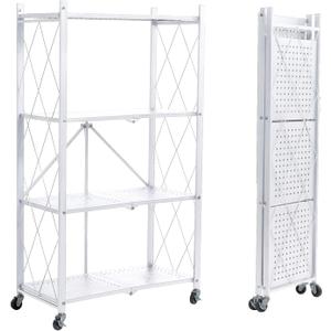 BRIAN & DANY 4-Shelf Foldable Storage Shelves with Wheels, Folding Metal Rack Shelving Unit, Heavy Duty No Assembly Organizer Shelf for Garage, Kitchen, Pantry, White