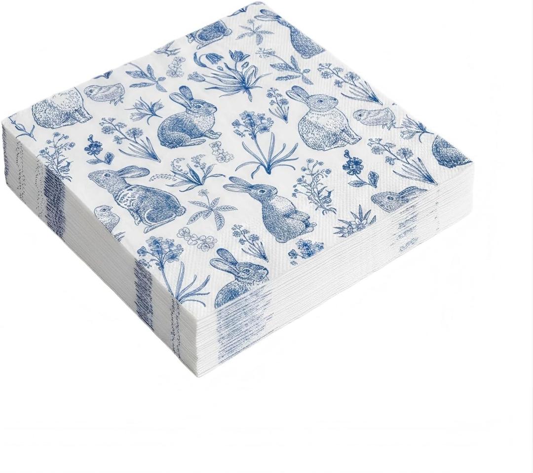 40 Pcs Blue & White Easter Paper Napkins with Bunny & Floral Design, Chinoiserie Spring Napkins for Decoupage, Easter Party, Wedding & Birthday Table Decor