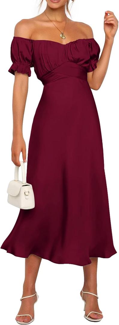 KIRUNDO Women's 2026 Spring Summer Satin Wedding Guest Midi Dress Off The Shoulder Wrap Party Cocktail Formal Prom Dresses (Large, Dark Wine Red)