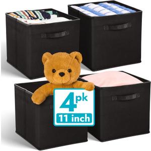 Reli. 11 Inch Cube Storage Bins (4 Pack) | Cube Organizer Bins | 11x11 Fabric Storage Boxes | Collapsible, Foldable Fabric Cubby Box (Square) | Kids Room Organization (Black)