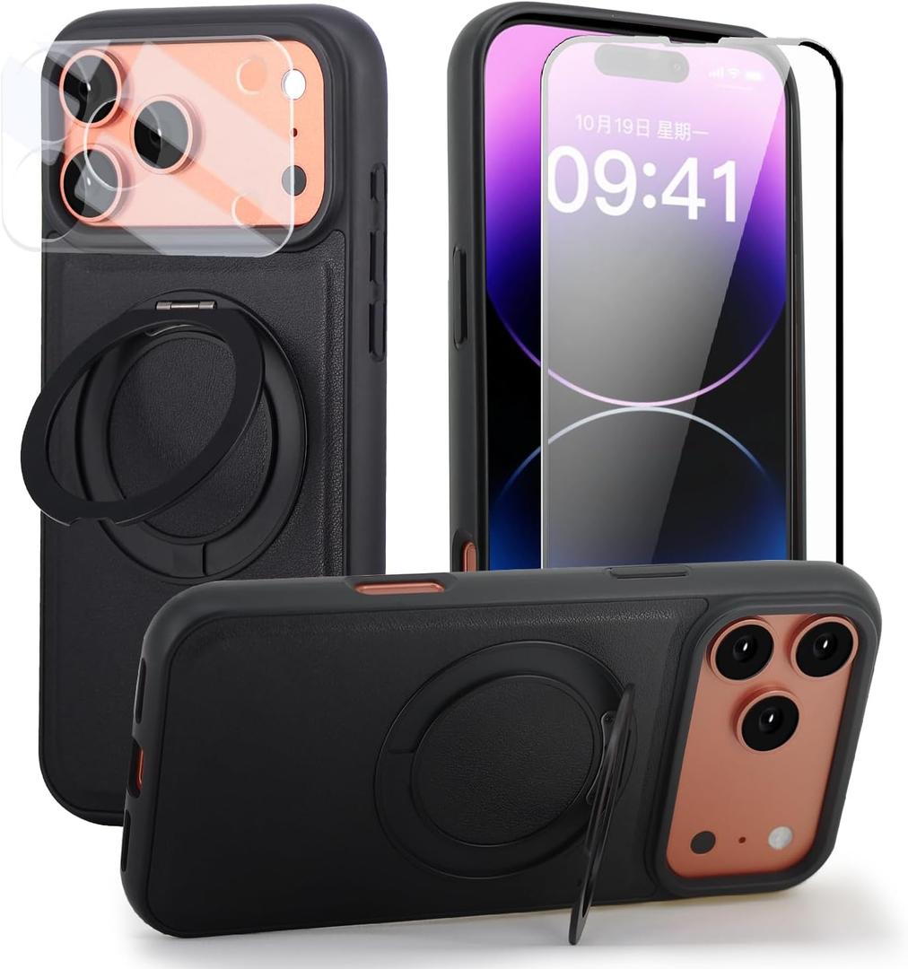 Case for iPhone 17 360 Rotating Stand, Upgraded PU Leather Military-Grade Shock-Resistant Full-Coverage Case with Rotating Stand-Black