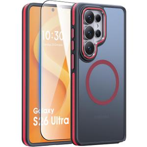 Magnetic Case for Samsung Galaxy S26 Ultra with HD Screen Protector, Compatible with Magsafe, Mil-Grade Shockproof Protection & Non-Slip Matte Cover Case for Galaxy S26 Ultra Red