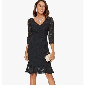 Atnlewhi Womens 3/4 Sleeve Slim Fit Lace Cocktail Dresses Party Wedding Guest V Neck Formal Evening Bodycon Dress, Size M