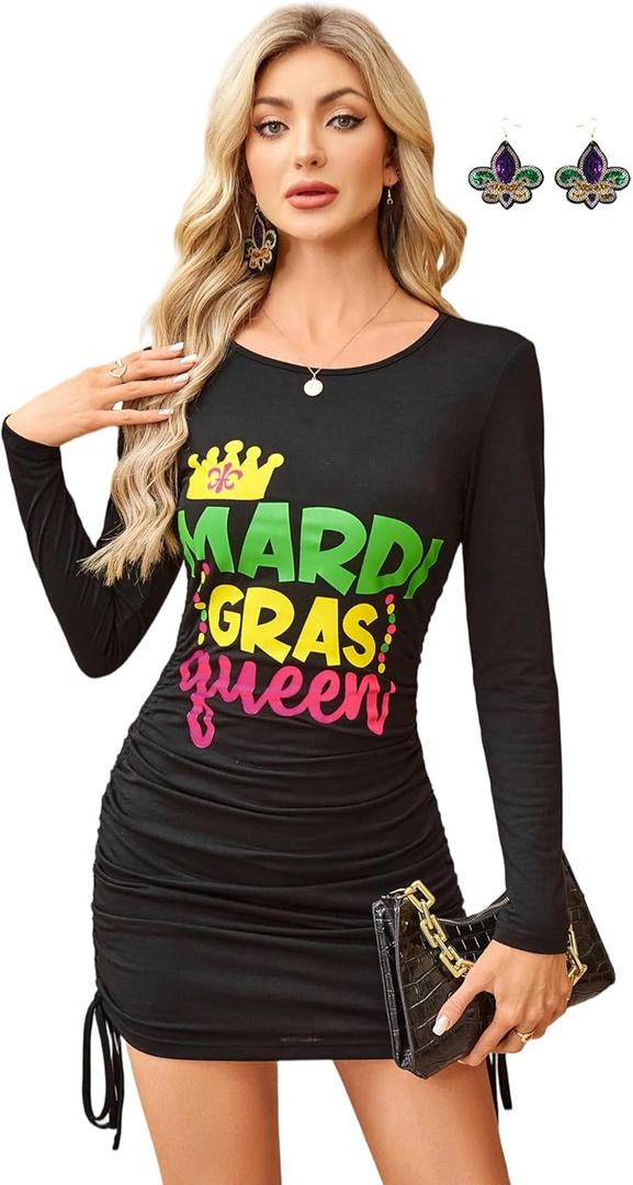 Women's Festival Dress - Crewneck Long Sleeve Adjustable Drawstring Mini Dress with Earrings (X-Large, Carvinal1)