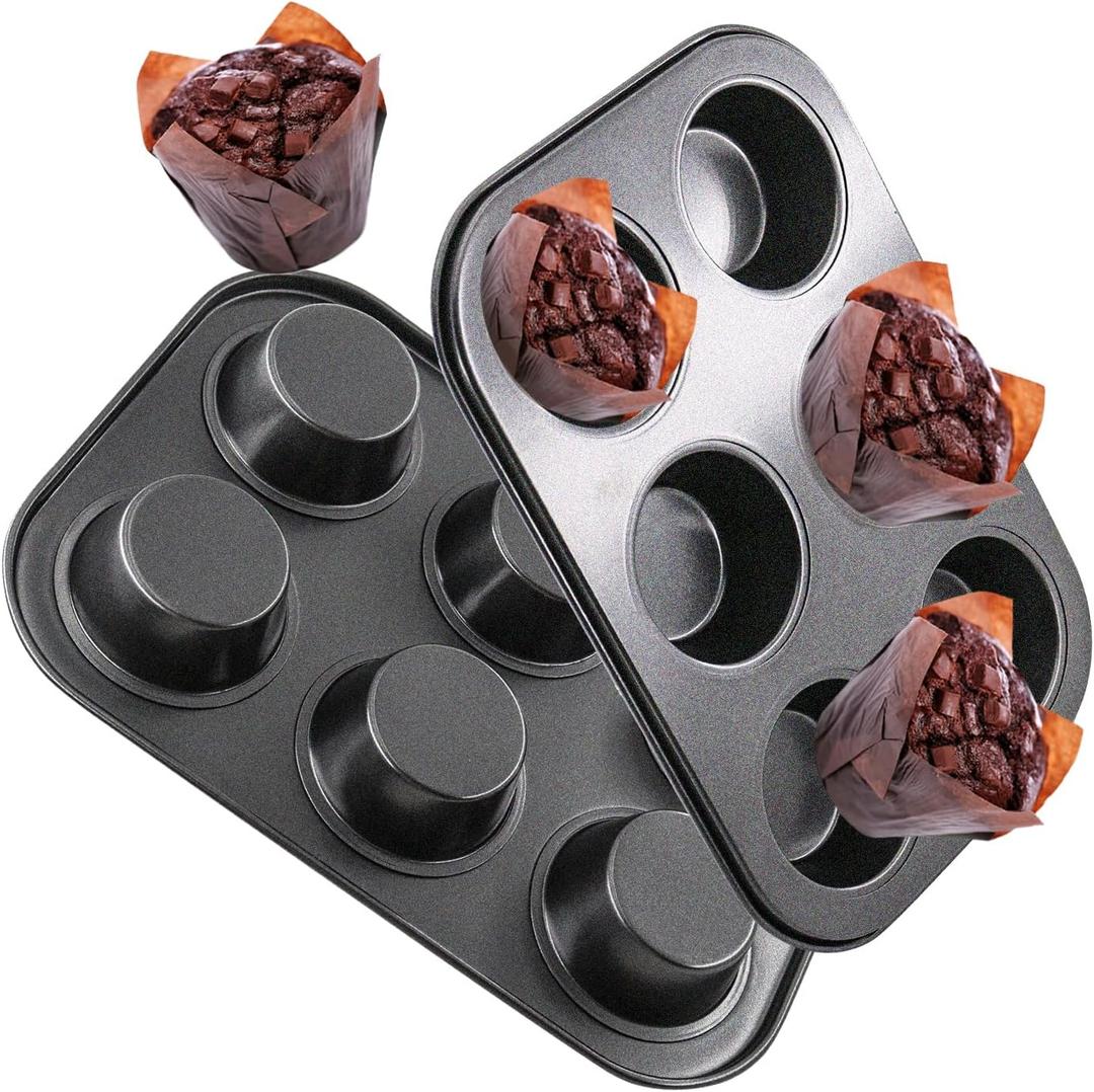2 Packs Round Muffin Baking Pan, Premium Steel Muffin Pan for Baking, Cupcake Tin Cheesecake Pans, Bakeware Muffin Top Pan (6 Cups,Black) (6-Cup (2-Pk.))