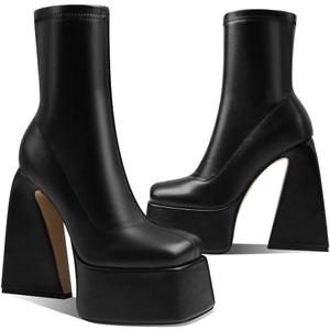Uacllcau Platform Boots for Women Mid Calf Boots Square Toe Chunky High Heel Boots Side Zipper Ankle Booties (8, Black Pu)