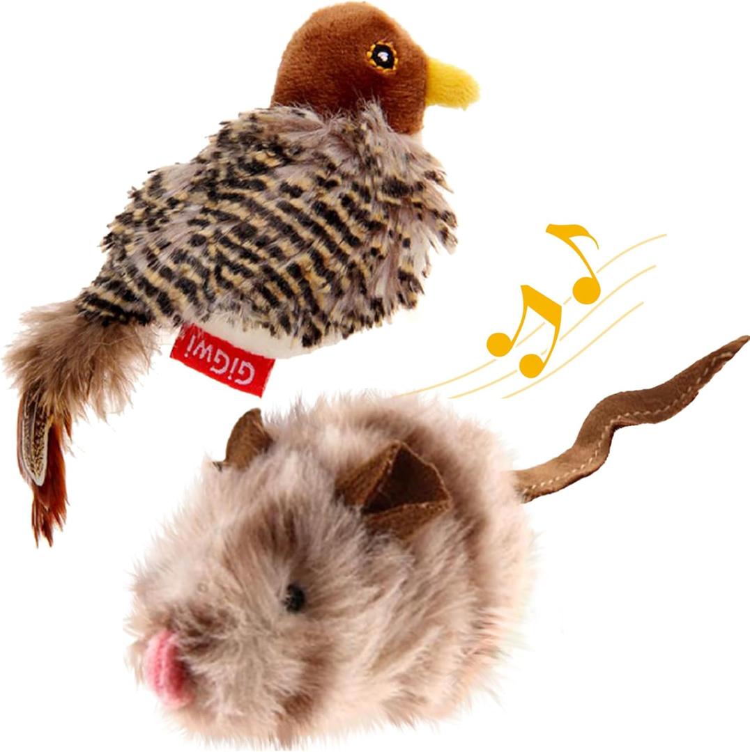 Gigwi Automatic Cat Toys Pack, Interactive Electronic Squeaky Animals Bird and Mouse, Plush Toys for Cats to Play Alone, 2 Pcs