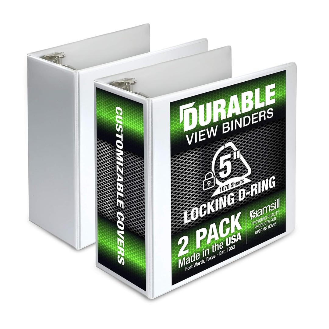 Samsill Durable 5 inch 3 Ring Binder, Made in USA, Locking D Ring FSC 100% Recycled Chipboard, White, 2 Pack