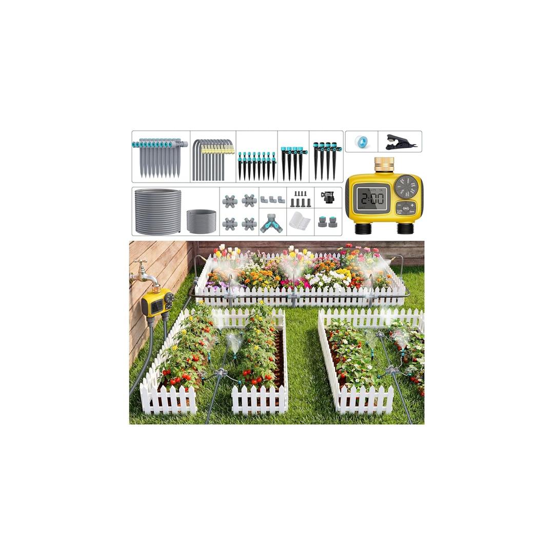 172FT Drip Irrigation System Kit with 2 Zone Water Timer,1/2" High-Flow Mainline Automatic Watering System,26PCS 360Adjustable Nozzles,6-Way Fast-Plug Irrigation Kit for Agricultural Yard,Lawn