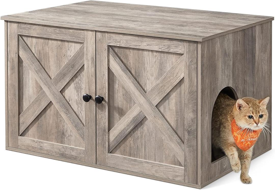 Feandrea Cat Litter Box Enclosure, Litter Box Furniture Hidden with Removable Divider, Indoor Cat House, End Table, 31.5 x 20.9 x 19.7 Inches, Greige UPCL002G01 (L (31.5"L x 20.9"W x 19.7"H), Greige)