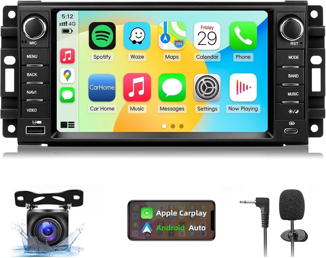 [4+64G] Android 13 Car Stereo w/Carplay & Android Auto for Jeep Wrangler Radio 2007-2018,for Chrysler for Dodge Ram 1500/2500/3500 Radio Upgrade with AHD Camera,GPS Navigation,SWC,WiFi,FM,Bluetooth