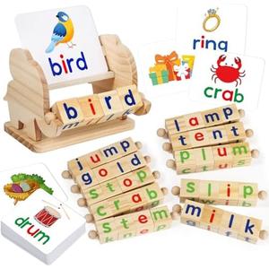Montessori Learning and Educational Toys Gifts for Kids 3 4 5 Years, Wooden Reading Blocks Toys, Preschool Kindergarten Learning Activities, Turning Rotating Matching Flash Card Games